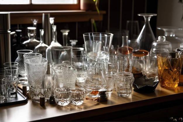 Glassware arranged in a neat and orderly manner on benchtop created with generative ai
