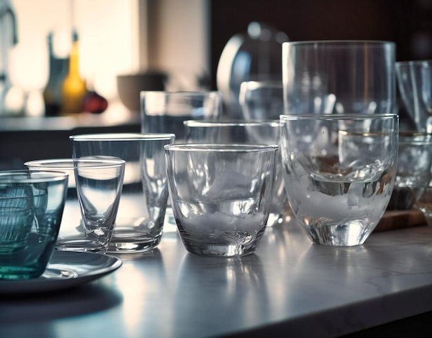 Glassware on a table in a kitchen