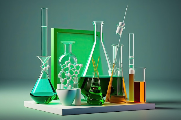 Glassware used in chemistry laboratories displayed on a green background