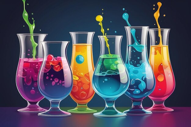 Foto vetreria con liquidi colorati per l'illustrazione vettoriale di appello visivo in stile piatto