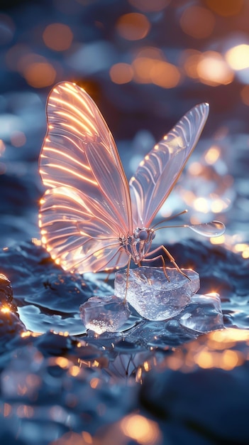 Photo a glasswinged butterfly perched on an ice cube