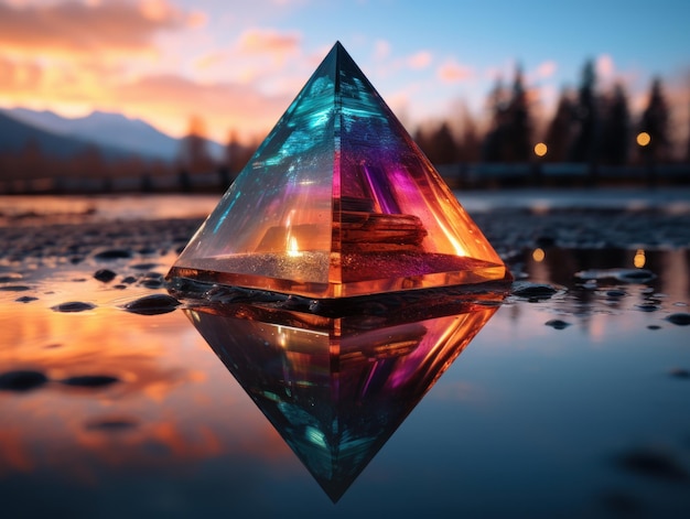 Glassy mirrored golden yellow tetrahedron with a city inside and a purple moonscape outside