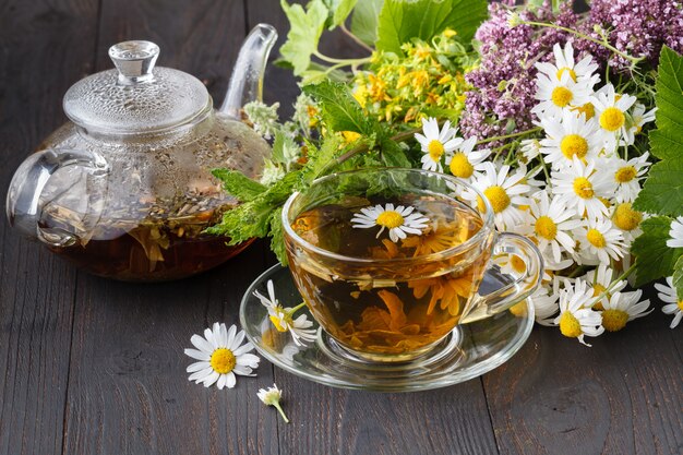 Glastheepot en kop met groene thee op oude houten lijst met verse kruiden