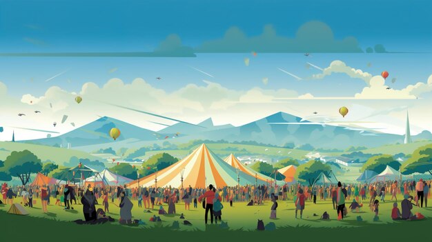 Glastonbury stage with silhouettes of people watching the festival Held every year at Worthy Farm in Pilton Somerset UK commemorate Glastonbury Festivalillustration