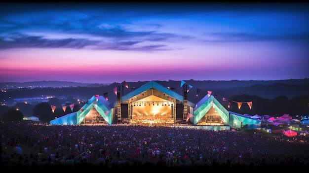 Glastonbury stage with silhouettes of people watching the festival Held every year at Worthy Farm in Pilton Somerset UK commemorate Glastonbury Festivalillustration