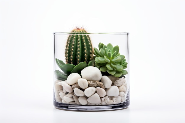 Foto glasvaas met stenen en cactussen op een witte of heldere oppervlakte png doorzichtige achtergrond