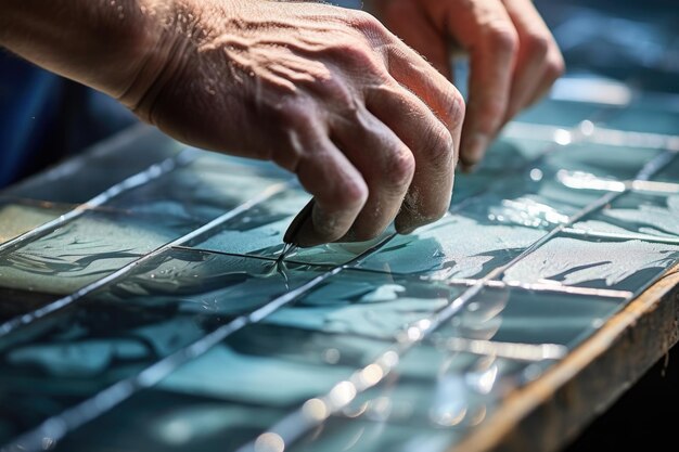 Glaswerker snijdt dik glas in de fabriek