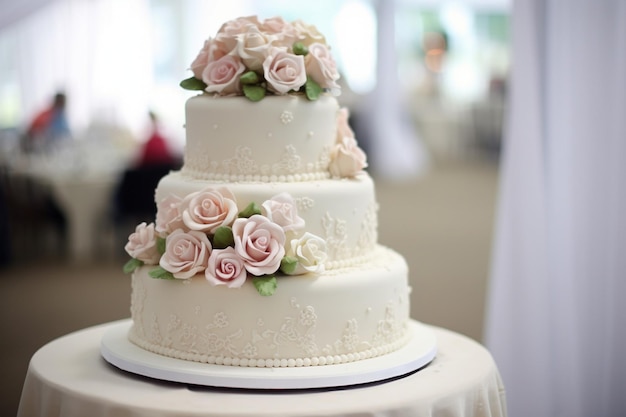 Photo glaze roses and leaves decorate wedding bread enveloped in white