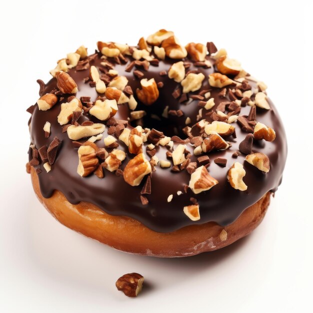 Glazed chocolate donut decorated with nuts