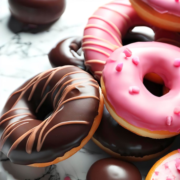 Glazed chocolate and pink donuts on marble background