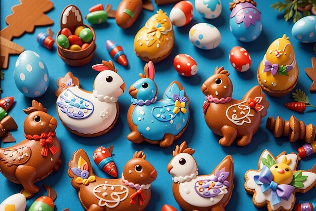 Glazed color gingerbread Easter figures rabbit chicken egg carrot on bright background Happy Easter Top View