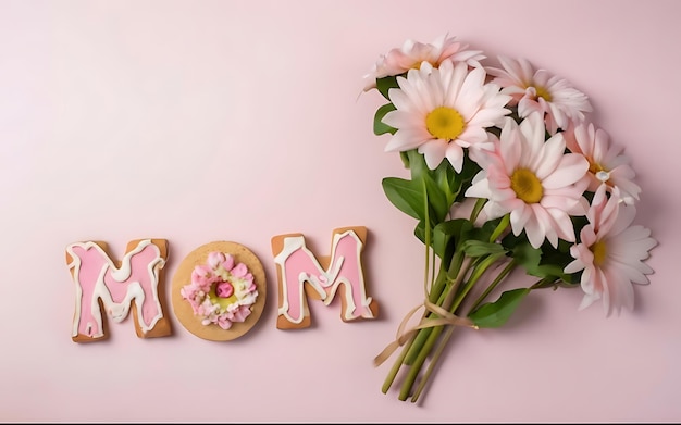 写真 ピンクの孤立した背景に「mom」という言葉と美しい花束が付いた艶をかけられたクッキートップビューあなたの最愛のお母さんへのお祝い