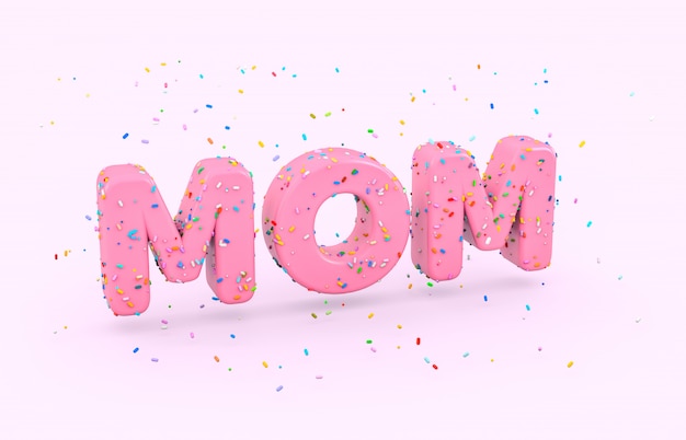 Glazed donut Font with colorful sprinkles. Abstract 3d MOM word