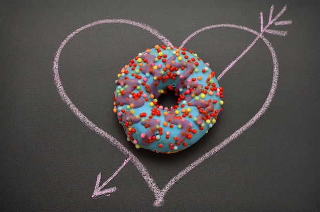 Glazed donut and heart drawn in chalk on a blackboard romantic image