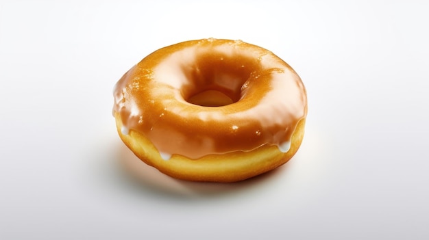 a glazed donut with a brown frosting and a white background.