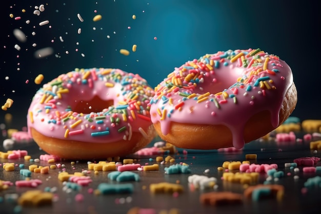 Glazed donuts with sprinkles flying