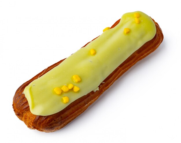 Glazed eclair dessert isolated on white background