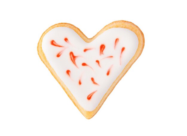 Photo glazed homemade heart shaped cookie for wedding or valentine day isolated on white, top view. romantic handmade sweet pastry for party.