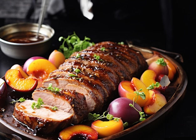 Foto carne di maiale ghiacciata con prugne fresche su sfondo nero prelibatezze natalizie