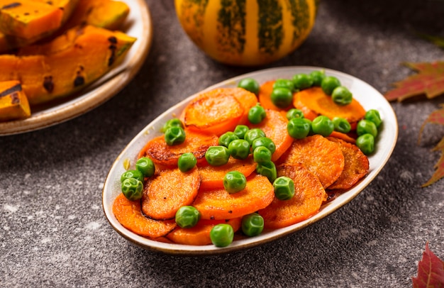 Glazed roasted carrot with peas