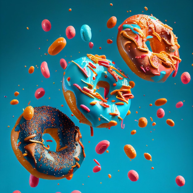 파란색 배경에 유약을 바른 달콤한 현실적인 도넛 Generative AI