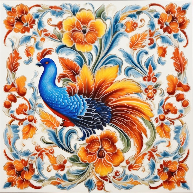 Глазурная плитка дизайн цветочный ретро традиционный славянский орнамент орнаментированная живопись ручной работы ремесло животное