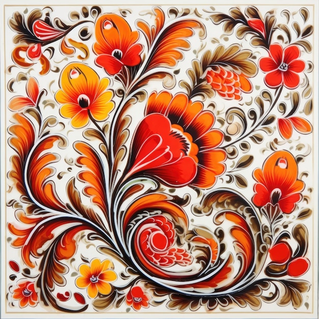 glazed tile design floral retro traditional slavic ornament ornate painting hand made red yellow