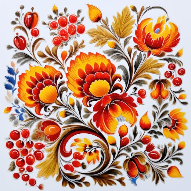 glazed tile design floral retro traditional slavic ornament ornate painting hand made red yellow