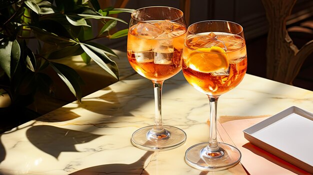 Glazen aperol spitz op tafel verfrissende cocktails en drankjes in de zomerhitte Gemaakt door AI
