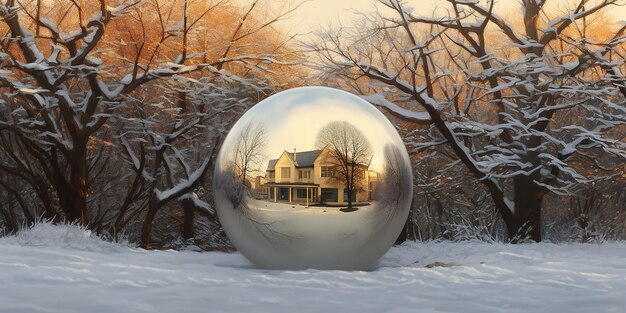 Glazen bal met klein huisje in de sneeuw