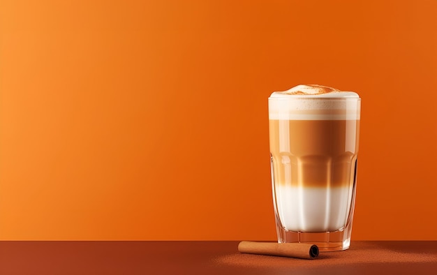 Glazen beker mok specerijen pompoen latte of cappuccino met opgeklopte melkroom schuim kaneelstokje Seizoensgebonden herfst pittige zoete drank concept Koud brouwen gekruide herfst koffie oranje herfst achtergrond