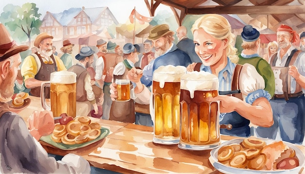 glazen bier boven tafel in feest op oktoberfest aquarel illustratie