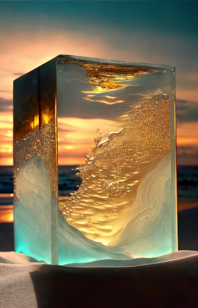 Glazen blok bovenop een generatief ai zandstrand