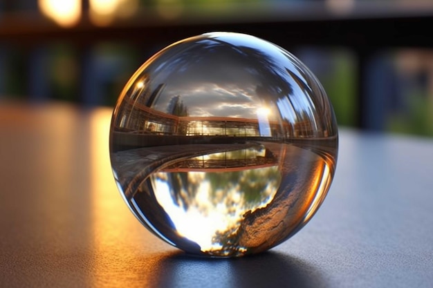 Glazen bol met weerspiegeling van de stad in de rivier op tafel