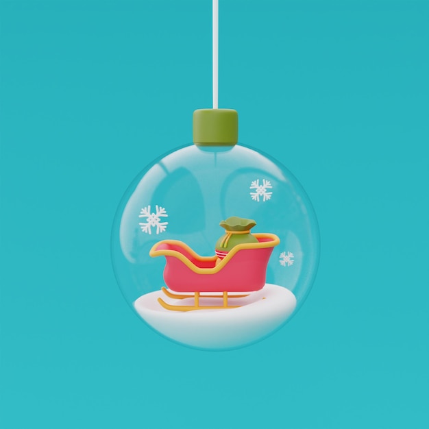 Glazen bollen hangen aan lint met de slee van de kerstman Prettige kerstdagen en gelukkig Nieuwjaar 3D-rendering