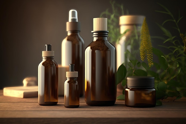 Glazen bruine flessen met biologische cosmetica op houten tafel mockup AI-generatie