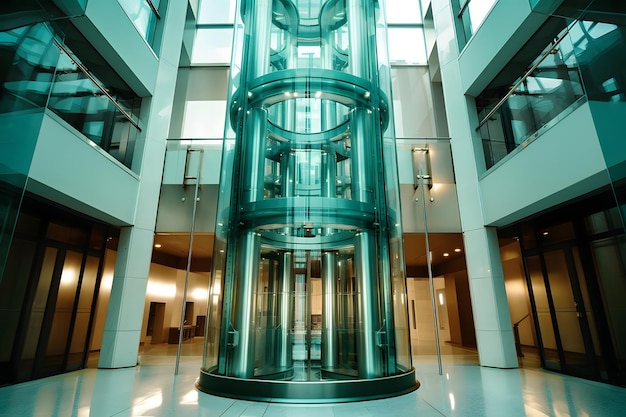 Glazen buislift in modern gebouw