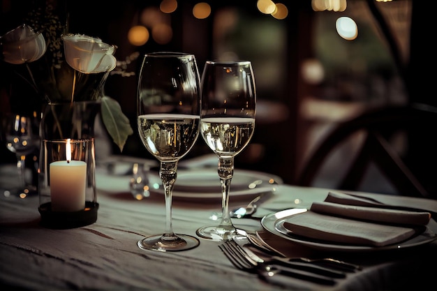 Glazen champagne en witte wijn gerangschikt op een restauranttafel Generatieve AI