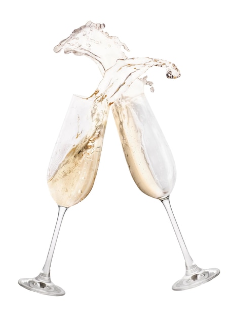 Foto glazen champagne roosteren creëren splash geïsoleerd op een witte achtergrond
