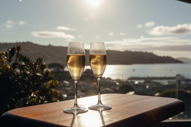 glazen champagne zitten op een tafel voor een uitzicht