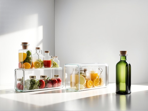 Foto glazen dozen en flessen met de magie van de koelkast voor vers voedsel