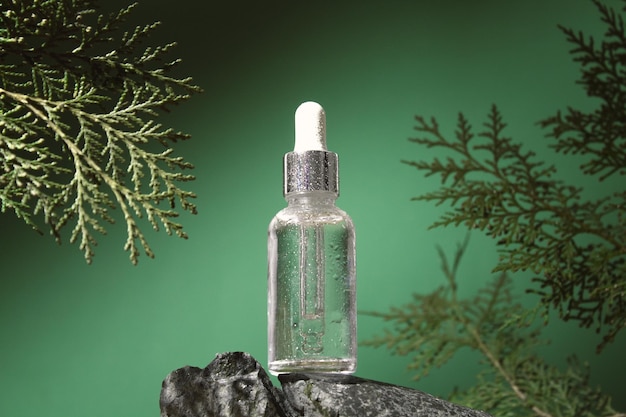 Glazen druppelflesje met essentiële cosmetische olie of serum op groene achtergrond met thuja takken Concept van natuurlijke biologische cosmetica Kruiden homeopathische producten