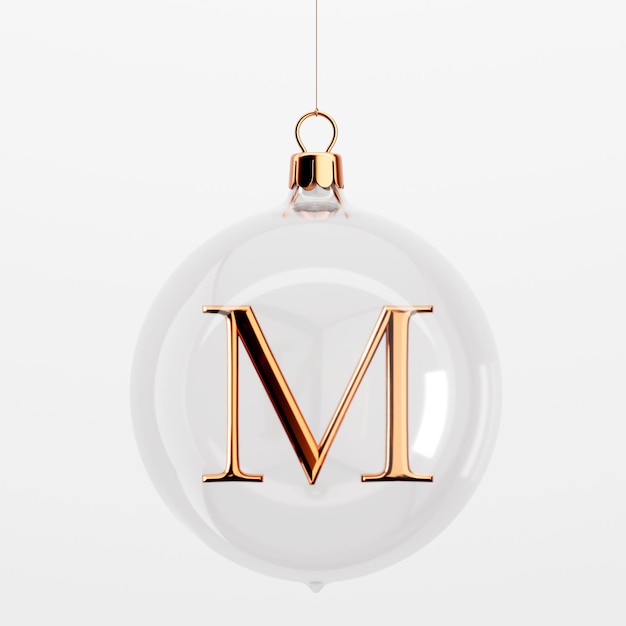 Glazen feestelijke hangende kerstballen met gouden letter M 3D-rendering