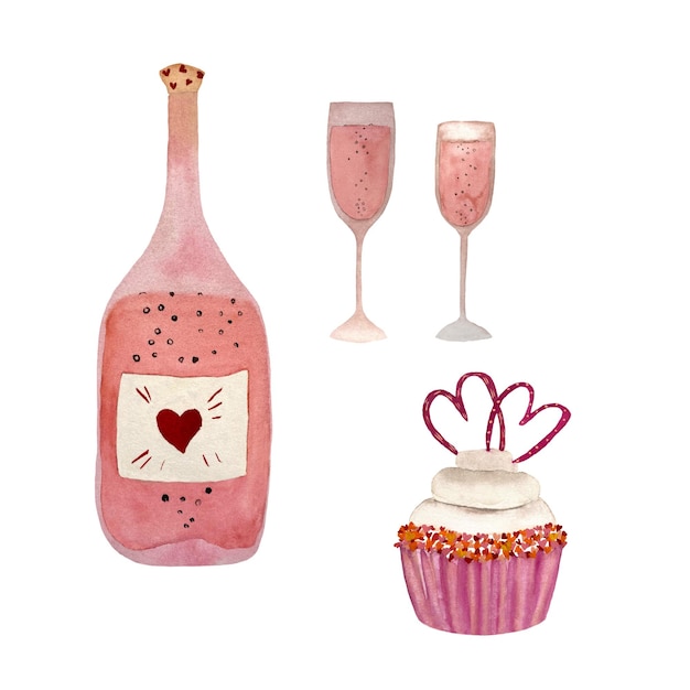 Glazen fles cake valentijn roze schets. Een aquarel illustratie. Handgetekende textuur. Geïsoleerd.