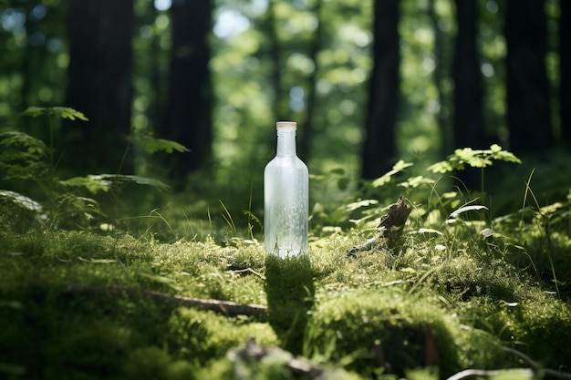 Glazen fles in het bos Conceptueel beeld met kopieerruimte