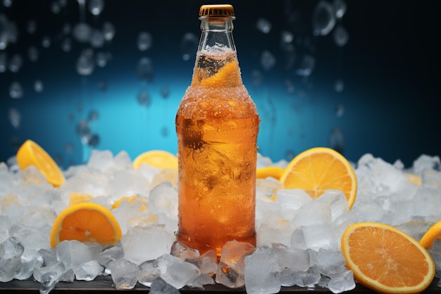 Glazen fles met een pittig sinaasappeldrankje en gemalen ijs erin