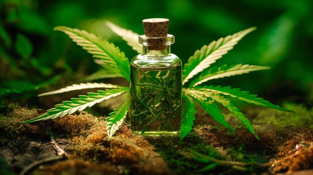 Glazen fles met hennepolie Geneeskrachtige eigenschappen van marihuana Closeup van cannabis extract voor roken