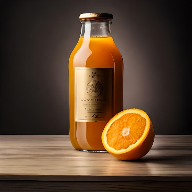 Foto glazen fles met mandarijnensap op ronde houten planken een halve mandarijn en muntblaadjes op een ligh
