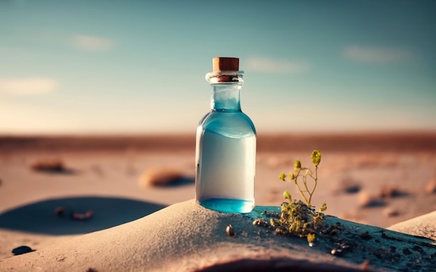 Foto glazen fles met water woestijnlandschap ai gegenereerde afbeelding