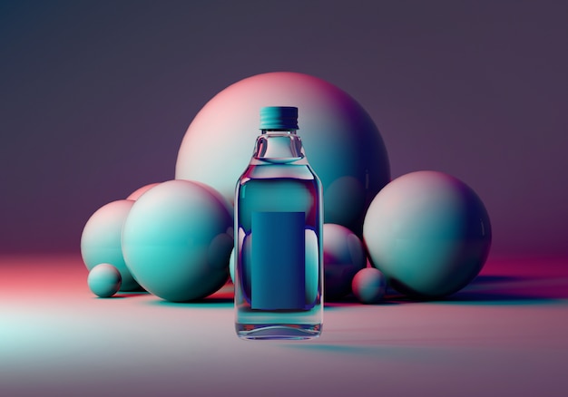 Glazen fles op blauwe en roze achtergrond met ballen. 3D-rendering mock up